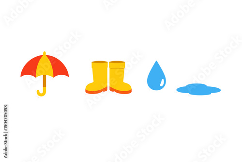 Seasonal rain gear including an umbrella, rubber boots, a water drop, and a puddle under cloudy weather conditions