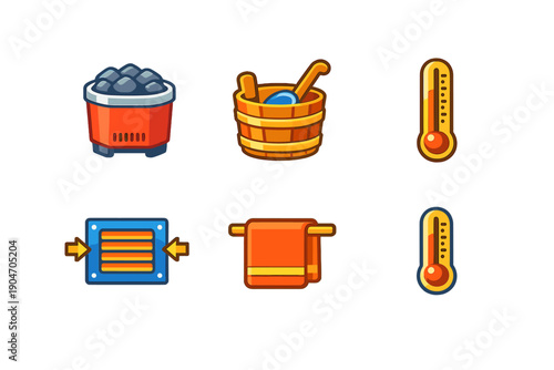Different tools and symbols used for sauna experience in a wellness center or spa during relaxation time