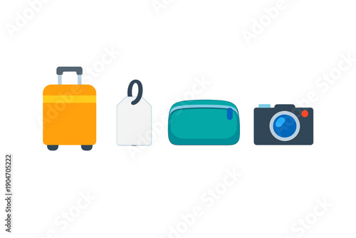 Travel essentials for a vacation including a suitcase, luggage tag, travel pouch, and camera ready to capture moments