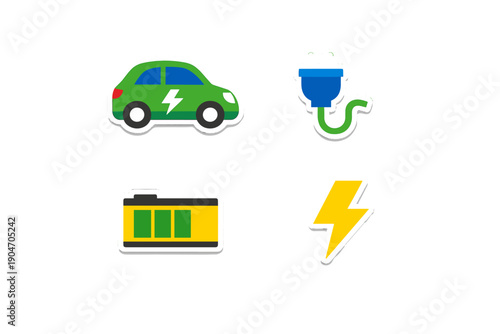 Electric car charging symbols displayed in a simple layout showing connection to power sources and battery storage at any time