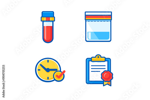 Variety of medical testing items including a blood sample, urine container, clock, and checklist used in a clinic for health assessments