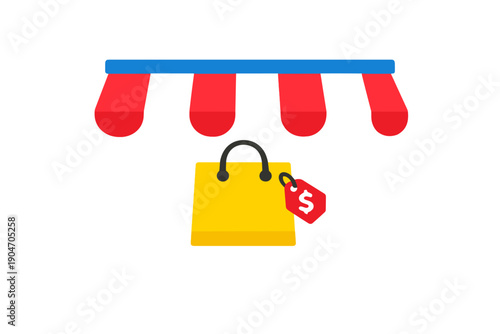 Colorful storefront with a bright sign hanging from the awning showing a shopping bag and price tag, suggesting a retail activity took place during the day