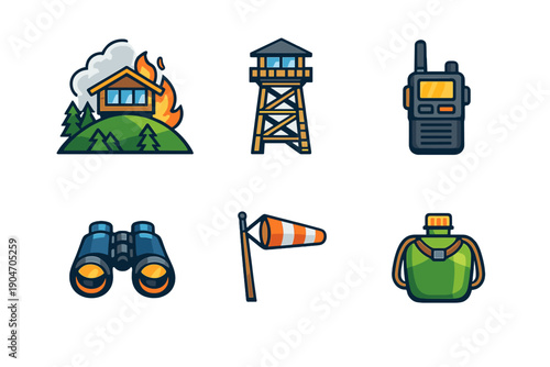 Fire and rescue equipment in a forest setting with a tower, radio, binoculars, and other tools for emergency response