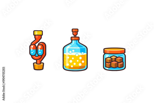 Bottles and containers hold liquids and solids in a laboratory setting during the day