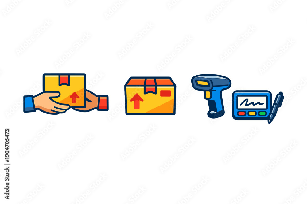 Fototapeta premium Hand holding package, box with arrows, barcode scanner and device showing delivery details in a delivery setting