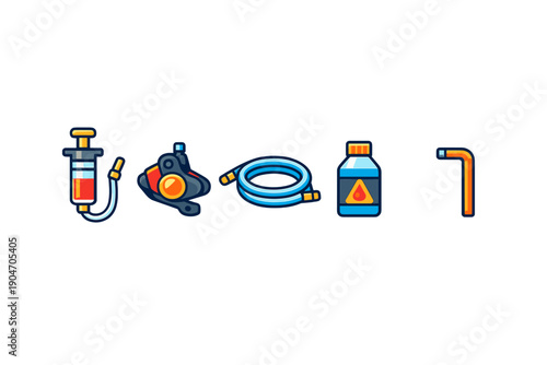 Medical tools for a procedure that includes a syringe, pump, hose, liquid container, and tube on a white background