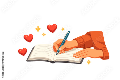 Writing in a notebook with a pen and hearts around the hands at daytime in a cozy setting