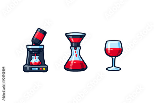 Different stages of making drinks are shown from mixing, filtering, to serving with tools and glassware
