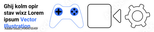 Gaming, user interfaces, software design, technology, controls, innovation. A game controller, gear icon stop button and arrow next to placeholder text. Gaming and user interfaces concept
