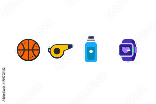 Sports tools and equipment for basketball practice include a basketball, whistle, water bottle, and smartwatch for tracking activity in a gym setting