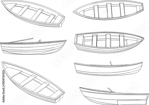 Rowboat outline illustration set isolated on white background, wooden boats in multiple angles for marine nautical vector design