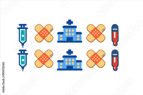 Health care symbols including syringes, band-aids, hospitals, and blood samples in a simple design layout