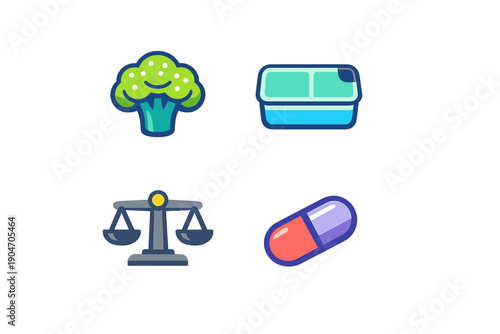 Health, nutrition, law, and medicine icons showing food, storage, balance, and medication used in daily life