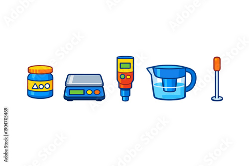 Different laboratory tools arranged in a line on a white background showing various functions and roles in experiments and measurements
