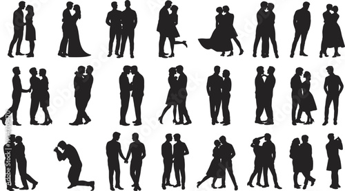 Romantic couple silhouettes collection, men and women embracing kissing dancing poses, love relationship characters isolated on white background