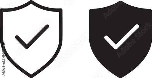 High contrast security shield icon duo with outline and solid styles, checkmark symbol, flat vector design