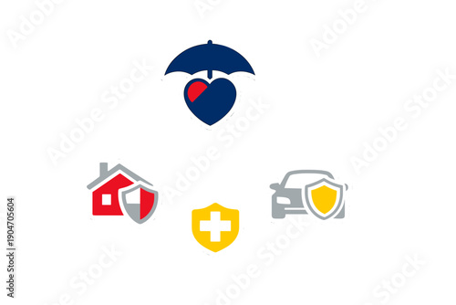 Different types of insurance symbols shown with an umbrella, house, shield, and car in a simple layout