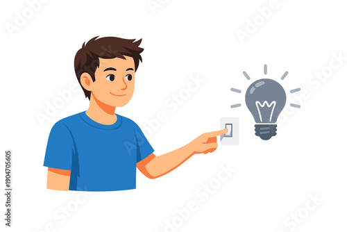Boy turns on light switch in a room with light bulb glowing