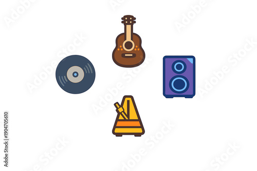 Music items are shown, featuring a guitar, vinyl record, speaker, and metronome in a simple layout with white background