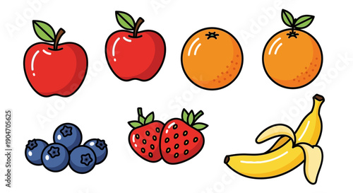 Assorted Fresh Fruits in Cartoon Style.