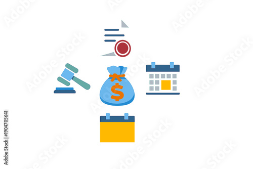 Legal process elements include gavel, calendar, and money bag in a presentation about law and finance