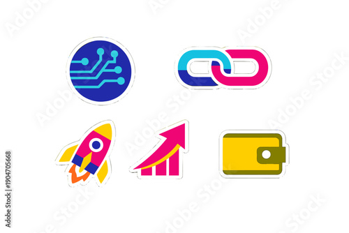 Digital icons of technology symbols including circuits, links, a rocket, a growth chart, and a wallet shown on a white background