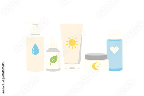 Skin care products arranged on a white background including lotion, cream, and bottle at a home or store in daylight hours