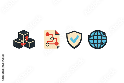 Design elements related to technology and security methods displayed on a white background with colorful icons representing various concepts