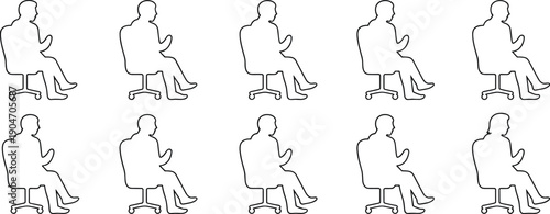 Seated man silhouette illustration set, office chair sitting poses, side view human figures, minimalist outline vector for ergonomics guide