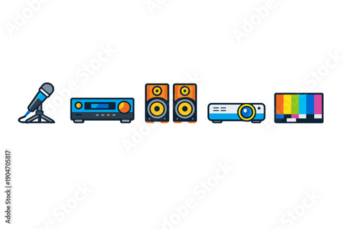 Music and video equipment is displayed in a simple arrangement showing a microphone, speaker system, projector, and screen for a performance or event