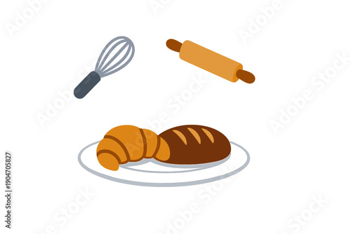 Baker prepares dough and baked goods with tools and ingredients at a kitchen table during sunrise