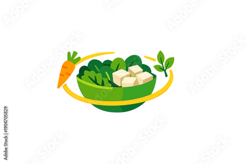 Fresh salad with carrots, greens, and tofu placed in a bowl on a plain background suitable for a healthy meal setting