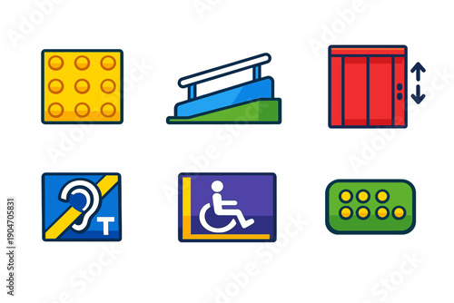 Symbols for accessibility in public spaces showing ramps, elevators, and other helpful features for people with disabilities
