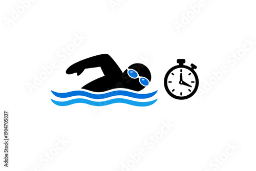 Swimmer focuses on timekeeping during training session in a pool environment at a competitive swim event