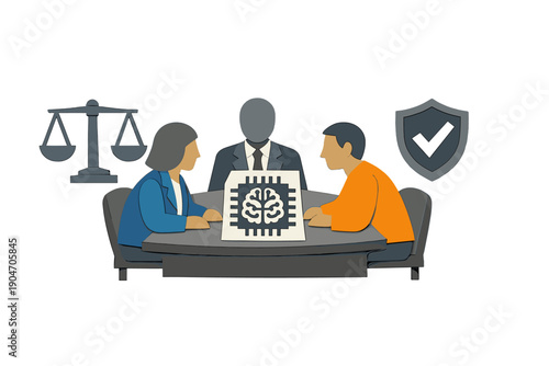 Discussion takes place between two people and a professional regarding technology and ethics at a round table in a meeting room