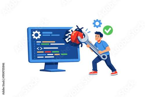 Fixing software bugs with a computer monitor, tools, and coding displayed on the screen