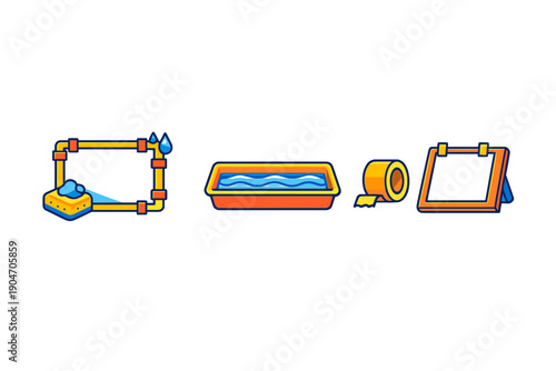 Steps involved in creating a water feature using pipes, a basin, tape, and a display frame during a DIY project in a workshop setting