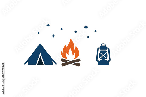 Camp setup with a tent, campfire, and lantern during a night under the stars