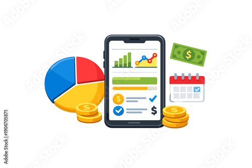 Charts and graphs display on a smartphone screen with money and calendar symbols representing finance tracking and budgeting tasks in a modern digital setting