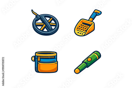 Tools for outdoor exploration found in different shapes and sizes including a metal detector, a shovel, a bag, and a flashlight displayed on a white background