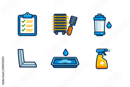 Cleaning and organizing tools for home maintenance tasks in a workshop setting showing various items on a white background