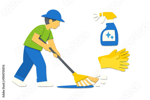 Person cleans floor with a broom and spray cleaner while wearing gloves in a simple setting during daytime