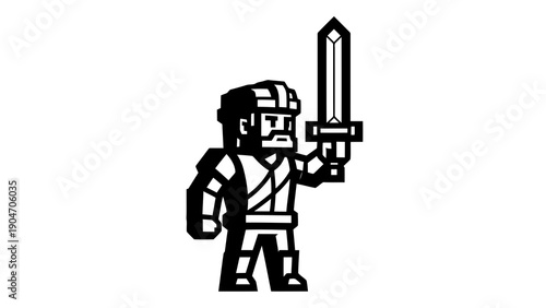 Pixelated knight holding a sword in right hand