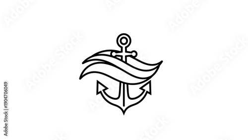 Nautical Anchor With Waves Line Art