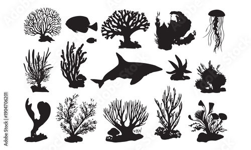 Ocean Reef Silhouette Set, Tropical Fish and Coral Vector Collection
