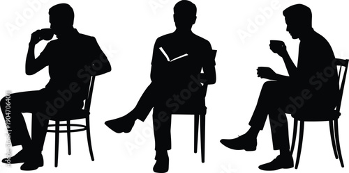 Seated men silhouette set on chairs, reading and drinking coffee poses concept, black male shadow figures isolated on white