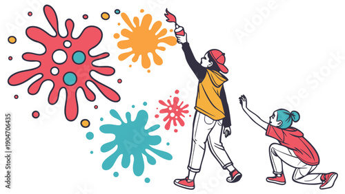 Creative children painting colorful abstract splashes on a white wall in a modern art style