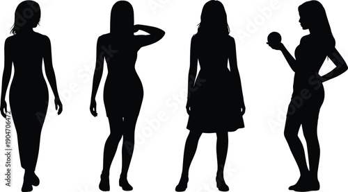 Standing women silhouette set with elegant poses, female fashion lifestyle concept, black shadow female figures isolated on white background