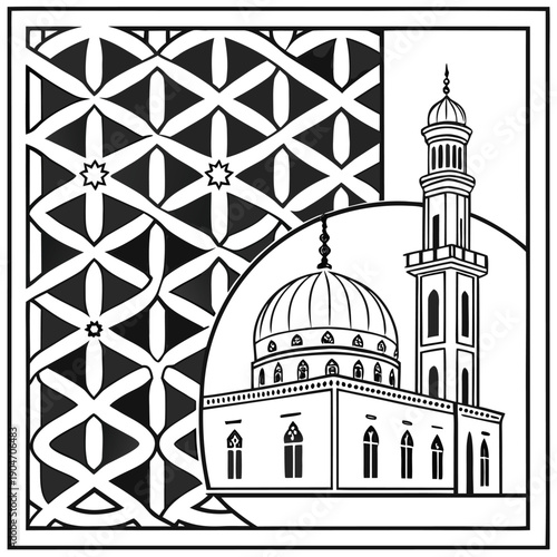 Illustration of a mosque with intricate geometric patterns and a minaret