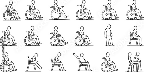 Wheelchair user icon set, people sitting standing poses, accessibility mobility symbols, inclusive design outline vector illustration pack